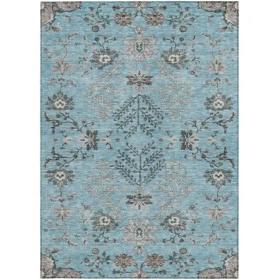 Sky Blue Gray And Charcoal Floral Washable Indoor Outdoor Area Rug Photo 7