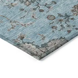Photo of Sky Blue Gray And Charcoal Floral Washable Indoor Outdoor Area Rug