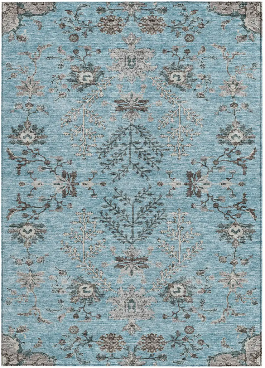 Sky Blue Gray And Charcoal Floral Washable Indoor Outdoor Area Rug Photo 7