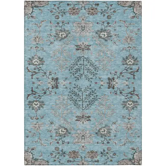 Sky Blue Gray And Charcoal Floral Washable Indoor Outdoor Area Rug Photo 2