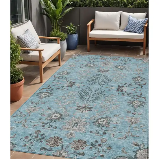 Sky Blue Gray And Charcoal Floral Washable Indoor Outdoor Area Rug Photo 1