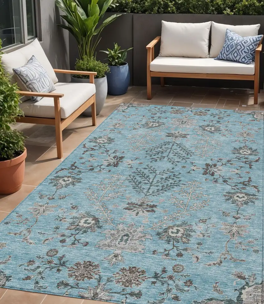 Sky Blue Gray And Charcoal Floral Washable Indoor Outdoor Area Rug Photo 1