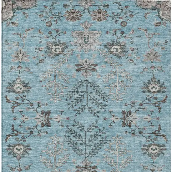 Sky Blue Gray And Charcoal Floral Washable Indoor Outdoor Area Rug Photo 6