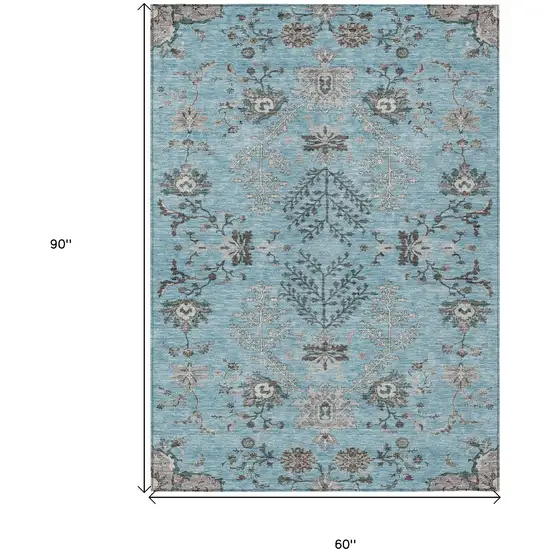 Sky Blue Gray And Charcoal Floral Washable Indoor Outdoor Area Rug Photo 3