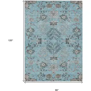Photo of Sky Blue Gray And Charcoal Floral Washable Indoor Outdoor Area Rug