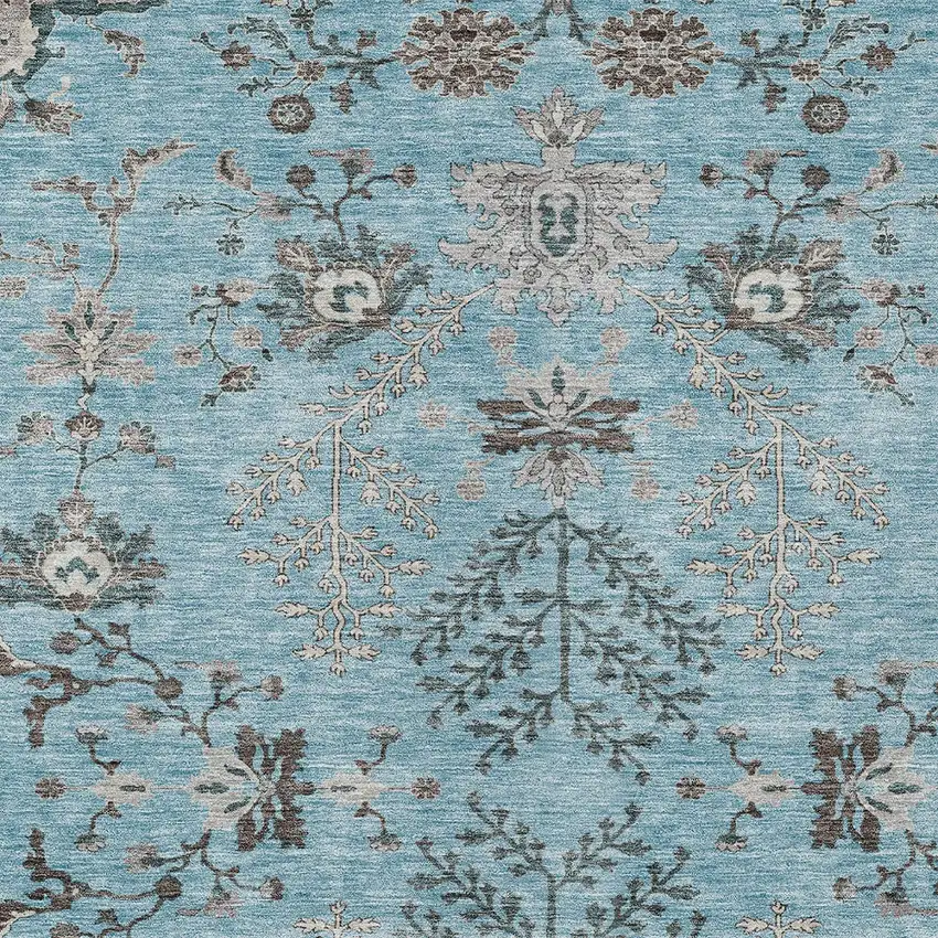 Sky Blue Gray And Charcoal Floral Washable Indoor Outdoor Area Rug Photo 6