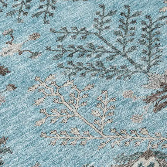 Sky Blue Gray And Charcoal Floral Washable Indoor Outdoor Area Rug Photo 5