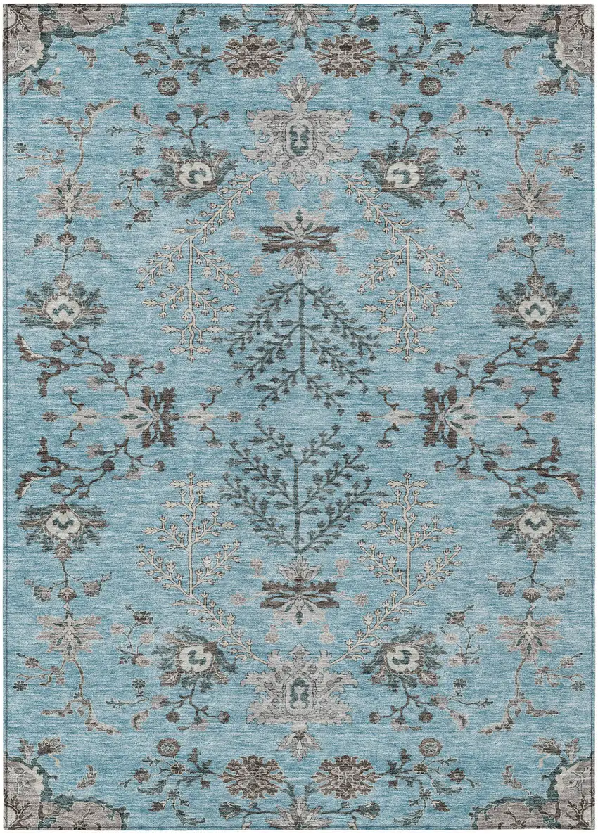 Sky Blue Gray And Charcoal Floral Washable Indoor Outdoor Area Rug Photo 2