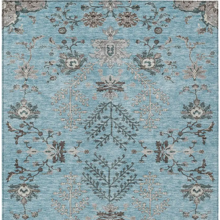 Sky Blue Gray And Charcoal Floral Washable Indoor Outdoor Area Rug Photo 7