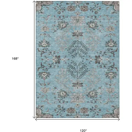 Sky Blue Gray And Charcoal Floral Washable Indoor Outdoor Area Rug Photo 3