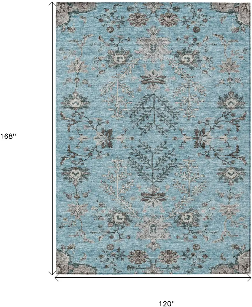 Sky Blue Gray And Charcoal Floral Washable Indoor Outdoor Area Rug Photo 3