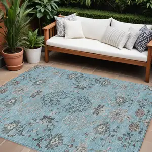 Photo of Sky Blue Gray And Charcoal Floral Washable Indoor Outdoor Area Rug