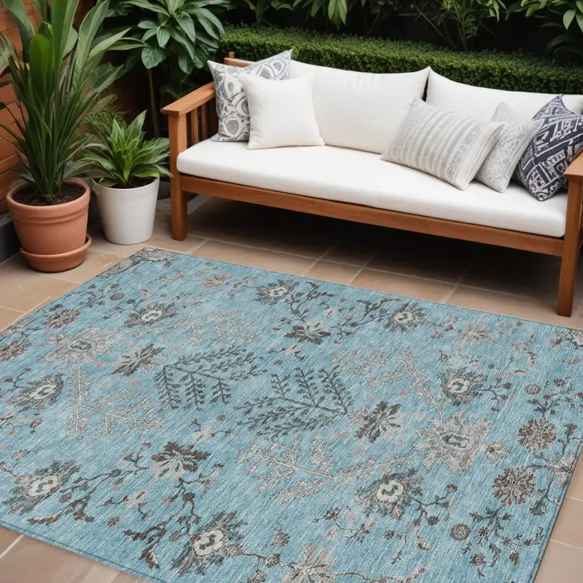 Sky Blue Gray And Charcoal Floral Washable Indoor Outdoor Area Rug Photo 1