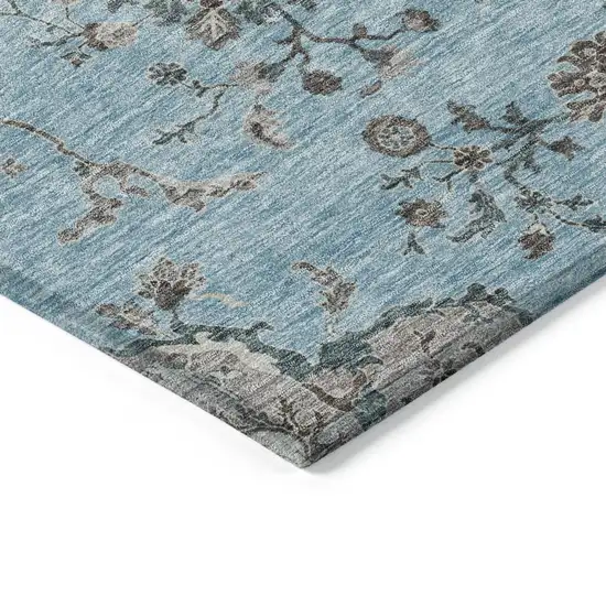 Sky Blue Gray And Charcoal Floral Washable Indoor Outdoor Area Rug Photo 4