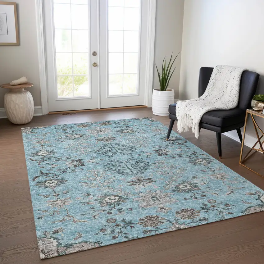 Sky Blue Gray And Charcoal Floral Washable Indoor Outdoor Area Rug Photo 9