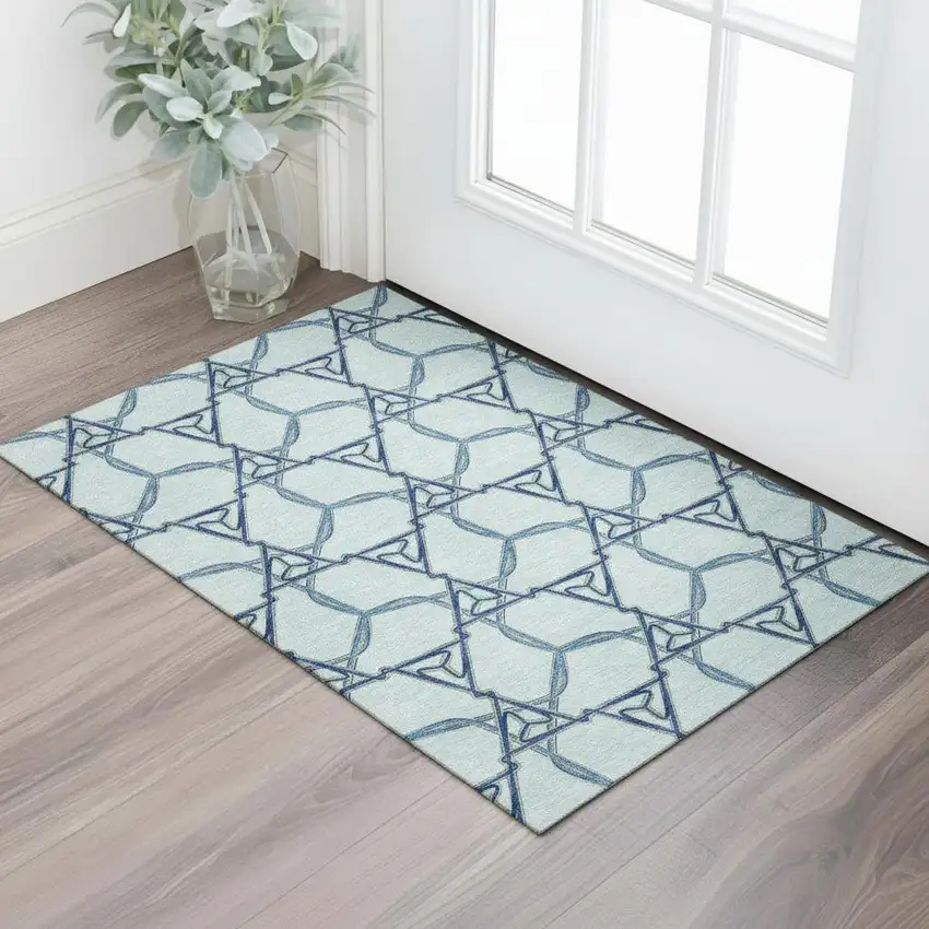Sky Blue Gray And Denim Blue Geometric Washable Area Rug With UV Protection Photo 2