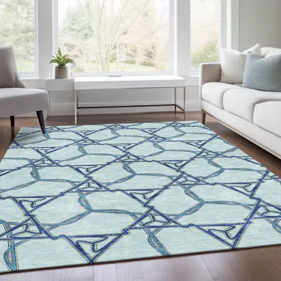 Sky Blue Gray And Denim Blue Geometric Washable Area Rug With UV Protection Photo 6