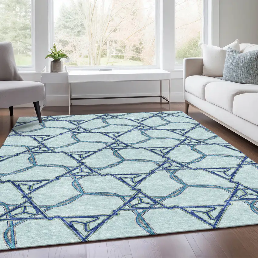 Sky Blue Gray And Denim Blue Geometric Washable Area Rug With UV Protection Photo 6