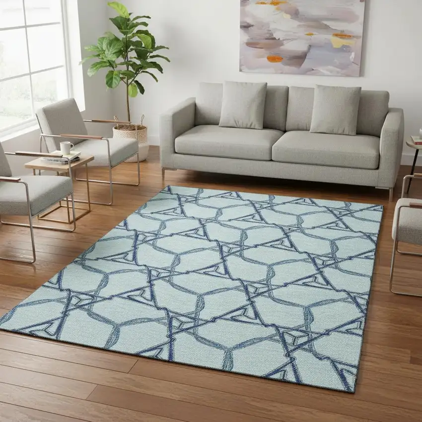 Sky Blue Gray And Denim Blue Geometric Washable Area Rug With UV Protection Photo 2