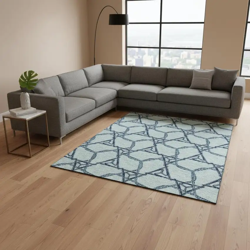 Sky Blue Gray And Denim Blue Geometric Washable Area Rug With UV Protection Photo 2