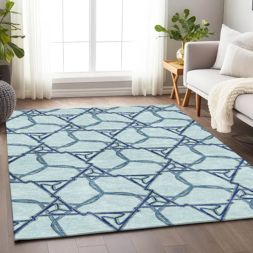Sky Blue Gray And Denim Blue Geometric Washable Area Rug With UV Protection Photo 4