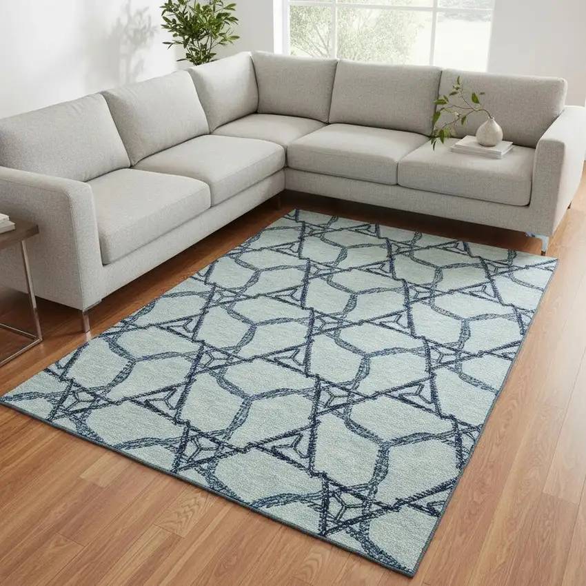 Sky Blue Gray And Denim Blue Geometric Washable Area Rug With UV Protection Photo 2