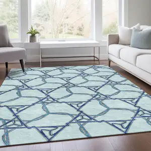 Photo of Sky Blue Gray And Denim Blue Geometric Washable Area Rug With UV Protection