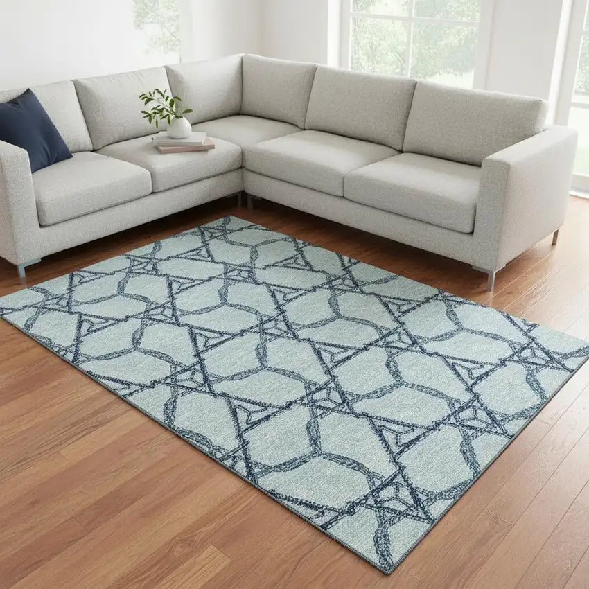 Sky Blue Gray And Denim Blue Geometric Washable Area Rug With UV Protection Photo 2