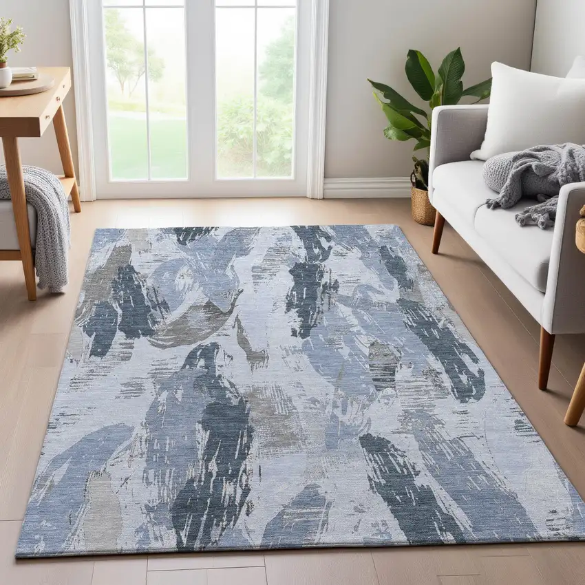 Sky Blue Gray And Ivory Abstract Washable Area Rug With UV Protection Photo 5