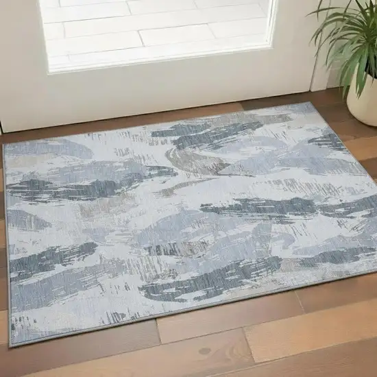 Sky Blue Gray And Ivory Abstract Washable Area Rug With UV Protection Photo 2