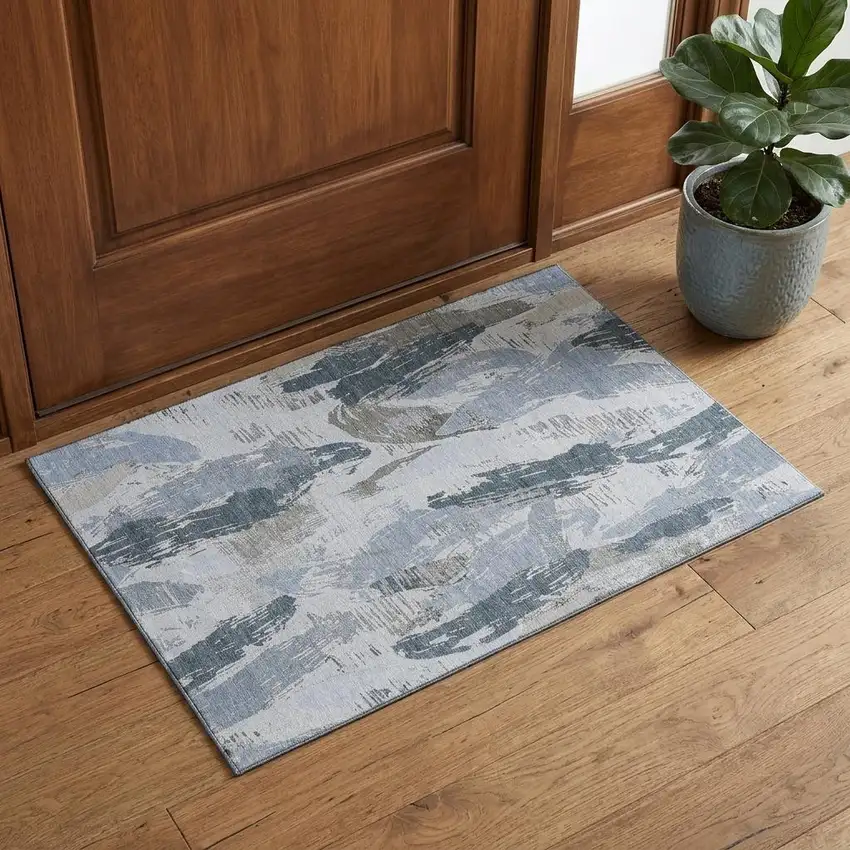 Sky Blue Gray And Ivory Abstract Washable Area Rug With UV Protection Photo 1