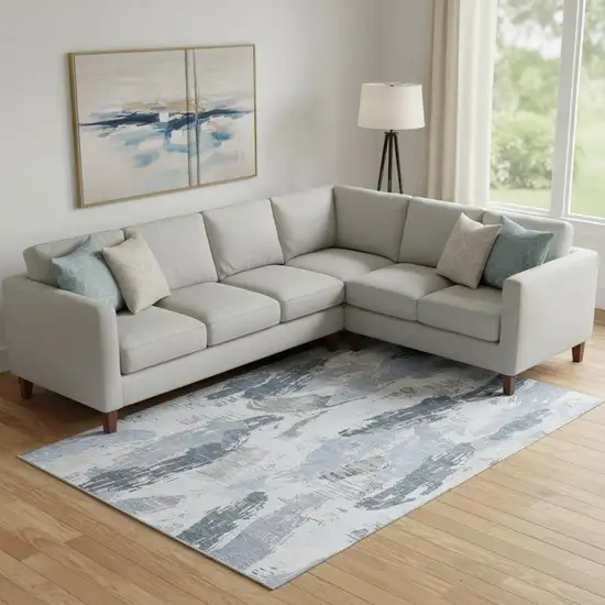 Sky Blue Gray And Ivory Abstract Washable Area Rug With UV Protection Photo 2