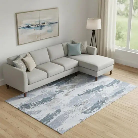 Sky Blue Gray And Ivory Abstract Washable Area Rug With UV Protection Photo 2