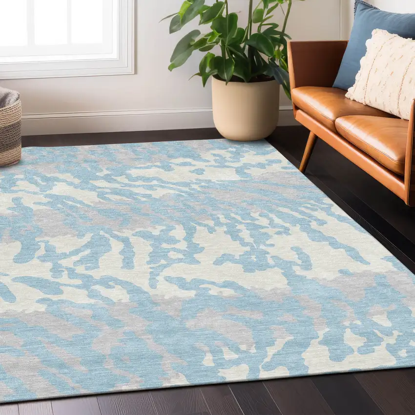 Sky Blue Gray And Ivory Animal Print Washable Indoor Outdoor Area Rug Photo 9