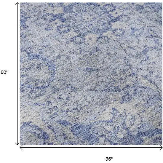 Sky Blue Gray And Ivory Damask Washable Area Rug With UV Protection Photo 9