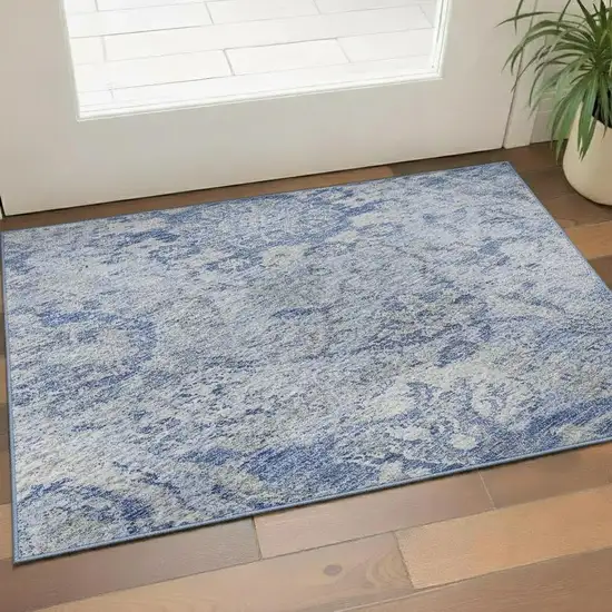 Sky Blue Gray And Ivory Damask Washable Area Rug With UV Protection Photo 2