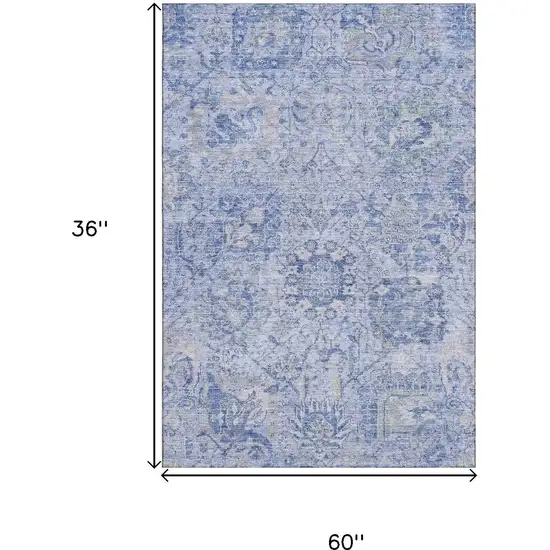 Sky Blue Gray And Ivory Damask Washable Area Rug With UV Protection Photo 9