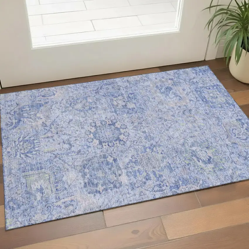 Sky Blue Gray And Ivory Damask Washable Area Rug With UV Protection Photo 1