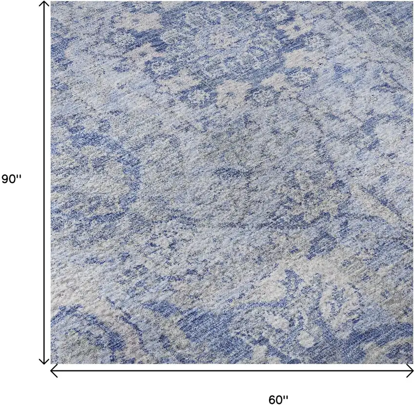 Sky Blue Gray And Ivory Damask Washable Area Rug With UV Protection Photo 9