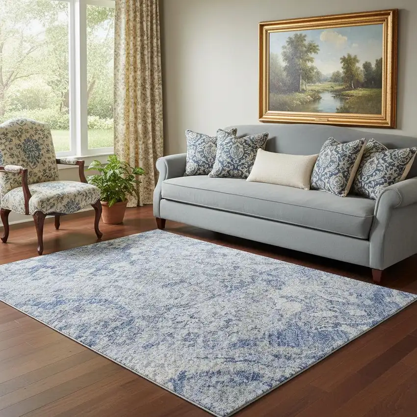 Sky Blue Gray And Ivory Damask Washable Area Rug With UV Protection Photo 2