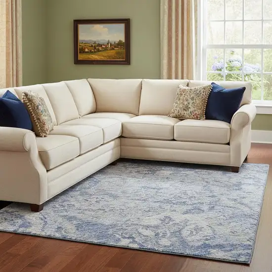 Sky Blue Gray And Ivory Damask Washable Area Rug With UV Protection Photo 2