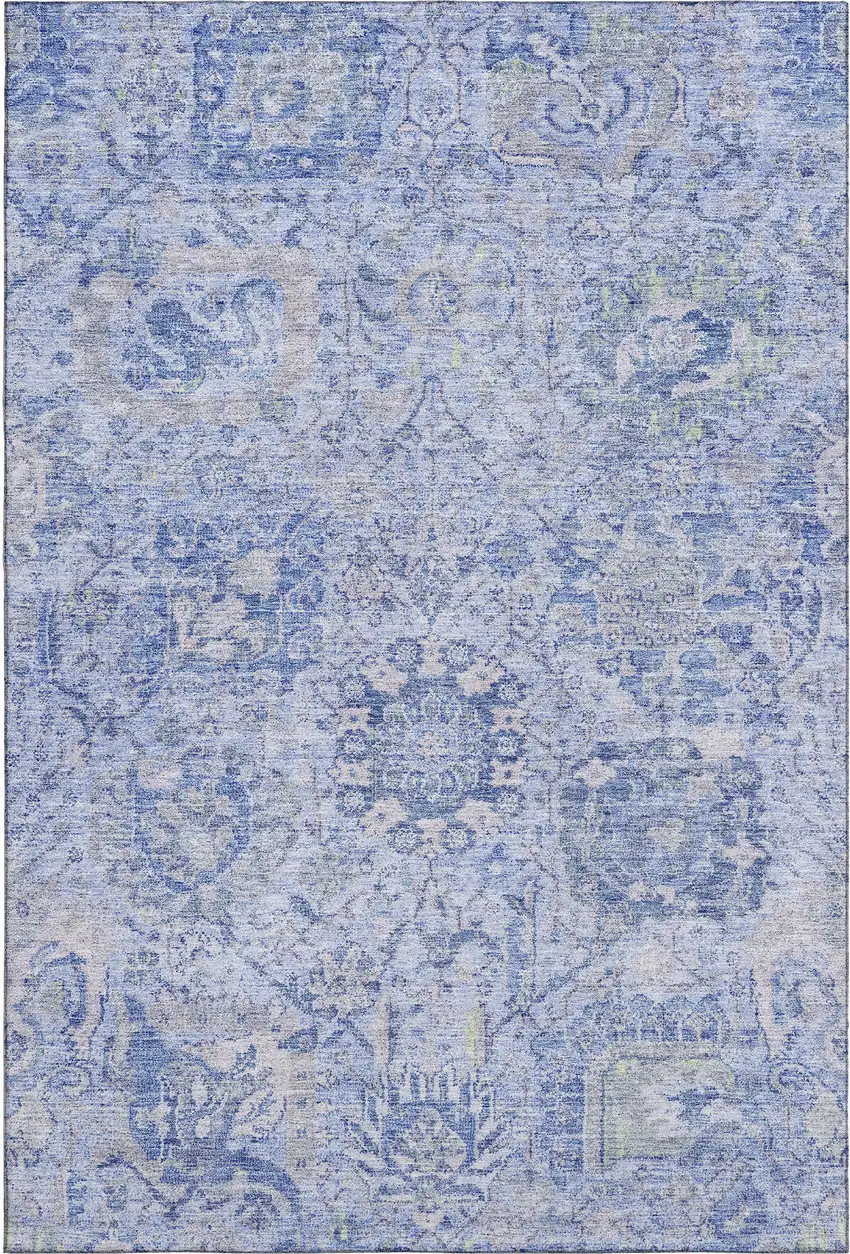 Sky Blue Gray And Ivory Damask Washable Area Rug With UV Protection Photo 5