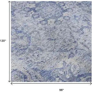 Photo of Sky Blue Gray And Ivory Damask Washable Area Rug With UV Protection