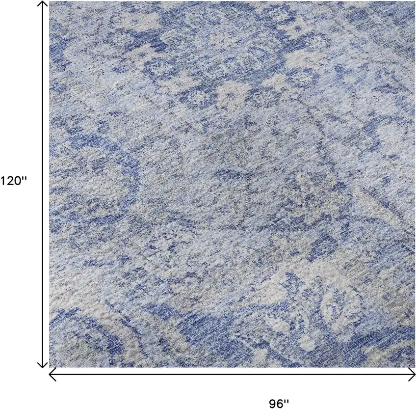 Sky Blue Gray And Ivory Damask Washable Area Rug With UV Protection Photo 9