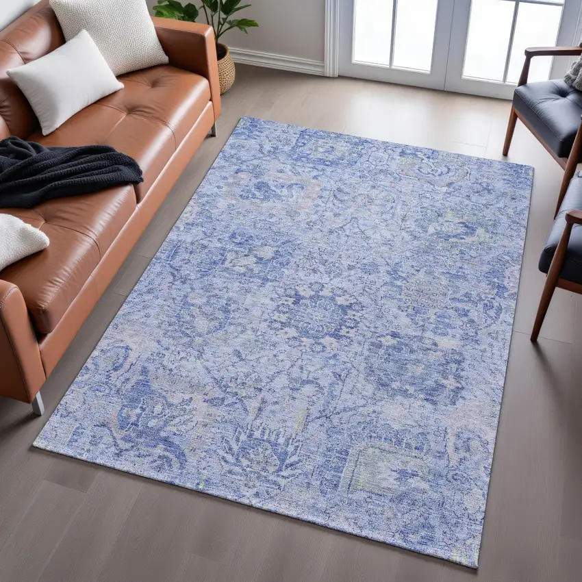 Sky Blue Gray And Ivory Damask Washable Area Rug With UV Protection Photo 4
