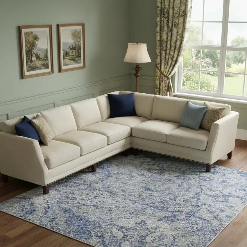 Sky Blue Gray And Ivory Damask Washable Area Rug With UV Protection Photo 2