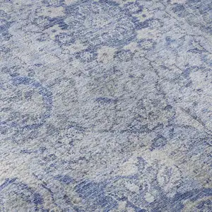 Photo of Sky Blue Gray And Ivory Damask Washable Area Rug With UV Protection