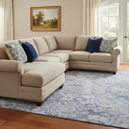 Sky Blue Gray And Ivory Damask Washable Area Rug With UV Protection Photo 2