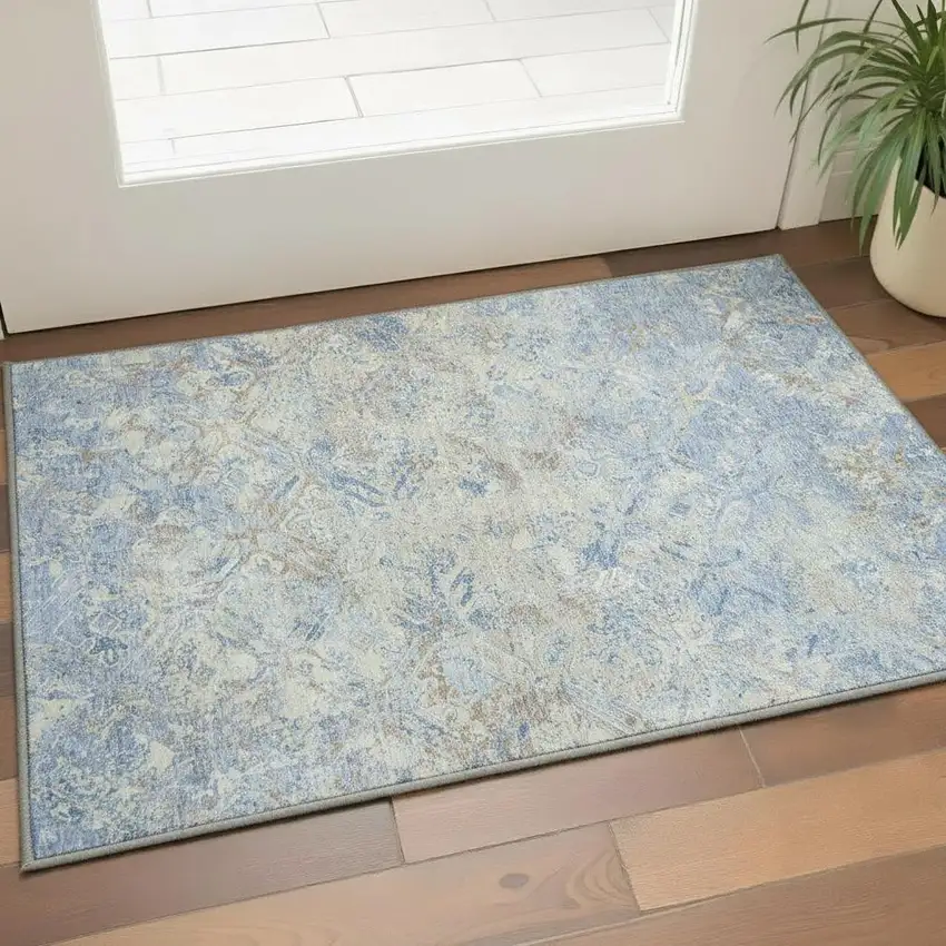 Sky Blue Gray And Ivory Diamond Washable Area Rug With UV Protection Photo 2