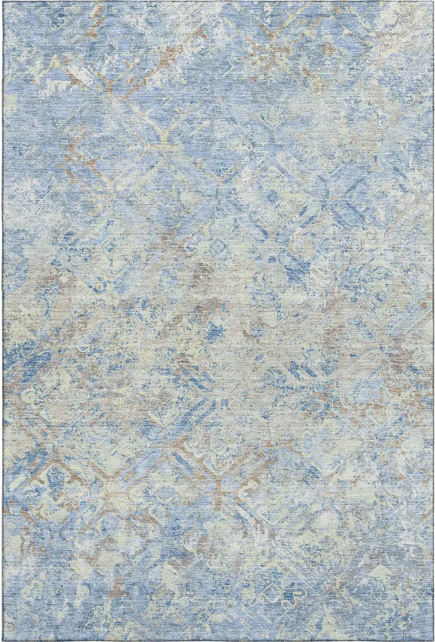 Sky Blue Gray And Ivory Diamond Washable Area Rug With UV Protection Photo 1